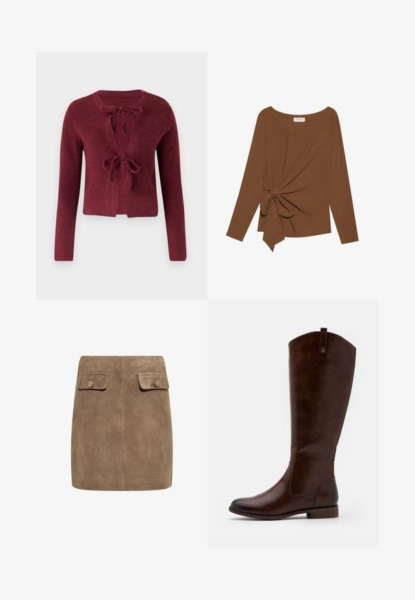 Burgundski pleteni kardigan s dugim rukavima, dubokim V-izrezom i vezanjem sprijeda. Teksturirana tkanina s mekim izgledom.; Smeđa majica dugih rukava s širokim izrezom i čvorom s jedne strane, izrađena od mekog, teksturiranog materijala.; Smeđa nubuk mini suknja s glatkom teksturom, koja ima dva prednja džepa s preklopom i dugmad za zatvaranje s obje strane. Jednostavan, ravni dizajn.; Smeđe čizme do koljena od glatke kože, sa zaobljenim vrhom, niskom slojevitom potpeticom i suptilnim uzorkom šavova duž strana.