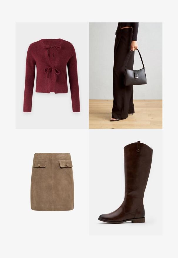 Burgundski pleteni kardigan s dugim rukavima, dubokim V-izrezom i vezanjem sprijeda. Teksturirana tkanina s mekim izgledom.; Smeđa majica dugih rukava s širokim izrezom i čvorom s jedne strane, izrađena od mekog, teksturiranog materijala.; Smeđa nubuk mini suknja s glatkom teksturom, koja ima dva prednja džepa s preklopom i dugmad za zatvaranje s obje strane. Jednostavan, ravni dizajn.; Smeđe čizme do koljena od glatke kože, sa zaobljenim vrhom, niskom slojevitom potpeticom i suptilnim uzorkom šavova duž strana.; Crna torba s oblikom koji sadrži strukturu, glađu teksturu i metalnu kopču. Uparena s širokim crnim hlačama i sandalama na otvorenom s drvenog poda.