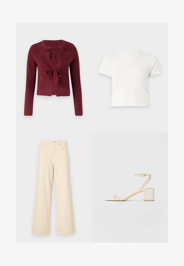Burgundijas adīta jaka ar garām piedurknēm, dziļu V veida kaklu un sasiešanas aizdari priekšpusē. Tekstūrēta auduma ar mīkstu izskatu.; Īsa balta T-kreklā izgatavots no kokvilnas ar īsām piedurknēm, apaļu kakla izgriezumu un taisnu apakšu, piedāvā gludu tekstūru un minimālistisku dizainu.; Bežīgas platpēdas džinses, izgatavotas no kokvilnas. Iekļauj pogu aizdari, jostas cilpas un priekšējos kabatas ar gludu, mīkstu tekstūru.; Beige bloku papēža sandales, izgatavotas no gludas materiāla. Tām ir plāns potītes siksniņa un pirksta siksniņa ar pērļu akcentiem. Plakana zole.