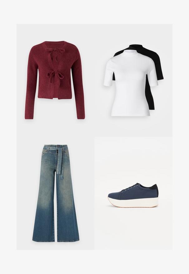 Burgundi värvi kootud kardigan, millel on pikad varrukad, sügav V-kaelus ja esitasku sidumiseks. Tekstureeritud kangas, millel on pehme välimus.; Kaks kõrvuti istuvat kõrge kaelusega tippu valges ja mustas. Lühikesed varrukad, sile puuvillane materjal ja keha lähedane disain. Ilma mustrite ja graafikata.; Laiad denimpüksid, millel on hele tume sinine gradiendiefekt, kõrge vöökoht, vöökumlid ja sobivast kangast vöö. Struktureeritud denimi viimistlus.; Tumedat sinised tennised tekstureeritud riidest pealispinnaga, valge platvormi tallaga, ümarate varvaste ja musta kontsapaneeliga. Omab kuut silma paelte jaoks.