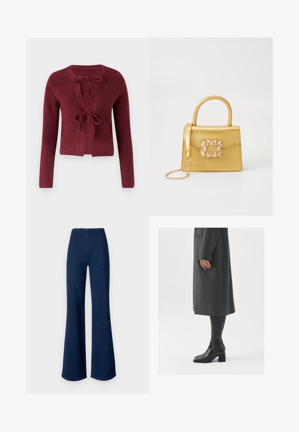 Burgundi värvi kootud kardigan, millel on pikad varrukad, sügav V-kaelus ja esitasku sidumiseks. Tekstureeritud kangas, millel on pehme välimus.; Valge lühikeste varrukatega t-särk, mis on valmistatud pehmest puuvillast. Omab ümmargust kaelust ja mugavat lõiget. Puhtad jooned, ilma nähtavate mustrite või aktsentideta.; Tumedatest sinistest flöödidest teksad, mis on valmistatud denimist ja neil on elastne vöökoht. Omavad siledat tekstuuri ja laia jala disaini, mis ulatub hemsse.; Hallhalline, kohandatud ülikond jakk sirge lõikega; kombineeritud kuni põlveni ulatuvate mustade nahast saapadega, millel on nelinurkne varvas ja paks konts.; Kollane faux-krokodilli käsipindaga kott, millel on struktureeritud disain, ülemine käepide, eemaldatav kettmass ja dekoratiivne kristallkaunistus klambril.