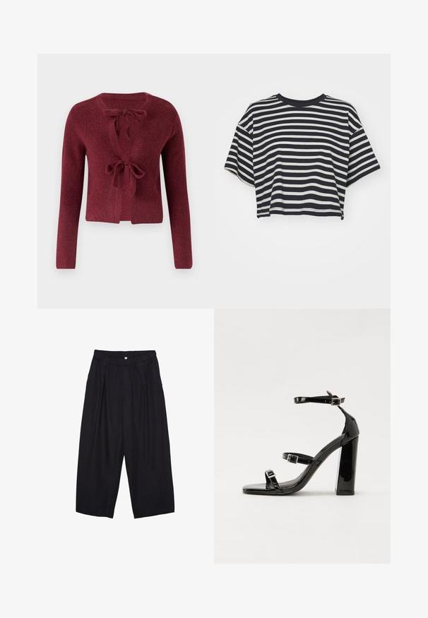 Burgundská pletená cardigan s dlouhými rukávy, hlubokým V-výstřihem a zavazováním vpředu. Texturovaná tkanina s jemným vzhledem.; Pruhované zkrácené tričko v námořnické modré a bílé barvě. Krátké rukávy, kulatý výstřih, měkká tkanina s vodorovnými pruhy a uvolněný střih.; Černé polyesterové culotte kalhoty s elastickým pasem, dvěma předními sklady a volným siluetou. Žádné viditelné vzory ani kovové detaily.; Černé lakované sandály na podpatku se čtveratou špičkou, lýtkovými pásky a stříbrnými přezkami. Disponují masivním blokovým podpatkem pro stabilitu.
