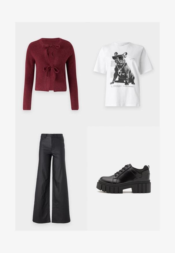 Burgundy knitted cardigan featuring long sleeves, a deep V-neck, and a tie closure at the front. Textured fabric with a soft appearance.; White graphic t-shirt featuring a black French bulldog wearing sunglasses and a heart-shaped necklace, with printed text and design details.; Black, wide-leg pants in a faux leather material. Features a high waist, belt loops, two front pockets, and stitched detailing.; Black leather platform shoes with a chunky block heel, round toe, and traditional lace-up design. Features smooth texture and minimal detailing.