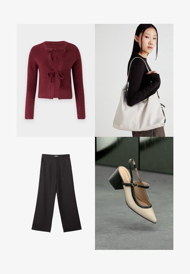 Bordeaux stickad kavaj med långa ärmar, djup V-ringning och knytframman. Strukturerad tyg med en mjuk utseende.; Vit t-shirt med kort ärm i bomull. Har en rundad halsringning och en avslappnad passform. Slät textur utan synliga mönster eller detaljer.; Svarta vida byxor i slät väv, med dragkedja fram och två sidofickor, med skräddarsydd passform och minimalistisk design.; Beige spetstoppad slingback-sko med svart kant, guldspänne och en kraftig blockklack på grått golv med mörkgrön bakgrund.; Beige handväska tillverkad av mjukt material, med en avslappnad design, sydda detaljer och två axelremmar. Lämplig för dagligt bruk.