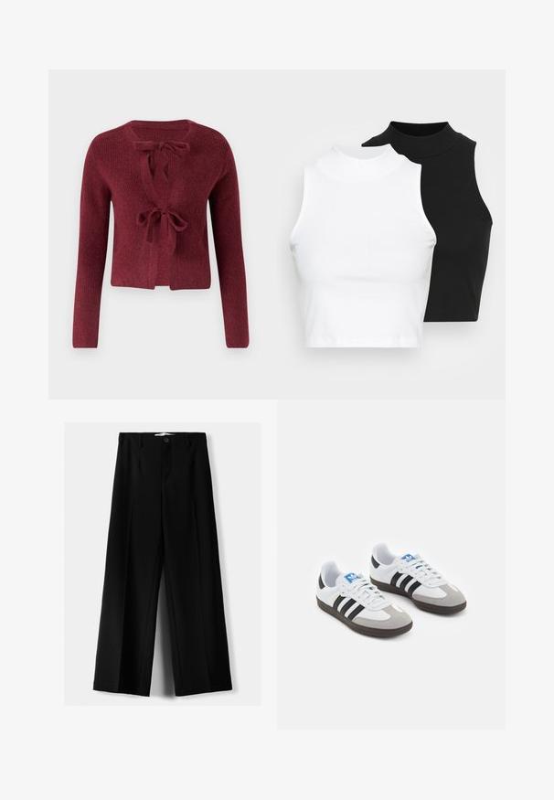 Viininpunainen neulecardigan, jossa on pitkät hihat, syvä V-pääntie ja solmittava etulista. Rakenteellinen kangas, joka näyttää pehmeältä.; Kaksi hihattomaa ribattua kauluspaitaa mustana ja valkoisena, joissa on istuva muotoilu ja sileä rakenne, sekä lyhyt pituus.; Mustat leveälahkeiset housut, jotka on valmistettu kevyestä kankaasta. Housuissa on etunappikiinnitys ja tasainen etuosa, sekä huolellisesti ommellut helmat.; Urheilukengät, joissa on valkoinen nahkainen päällinen, harmaa mokkanokka ja kolme mustaa raitaa. Ominaisuuksina sininen logo kielekkeessä ja kuvioitu kumipohja.