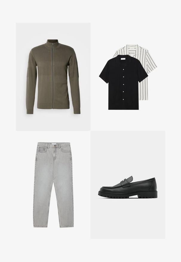 Olíva zöld, cipzáros dzseki, texturált panelek, hosszú ujjak és állgallér jellemzi. Simább kötött anyagból készült.; Két rövid ujjú ing: az egyik egyszínű fekete, a másik fehér fekete függőleges csíkokkal. Mindkettő gombos záródással és klasszikus gallérral rendelkezik.; Világosszürke farmernadrág egyenes szabással, öt zsebes stílusban, gombos záródással. Látható varrások az illesztéseknél.; Fekete bőr loafer cipők kerek orral, varrott mintázattal, alacsony platformtalpú és texturált, barázdált gumitalppal.