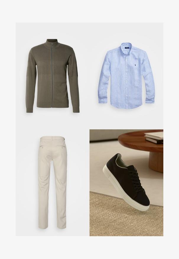 Olive roheline kapuutsiga jope, millel on tekstuuriga paneelid, pikad varrukad ja seisev krae. Valmistatud siledast kudumist.; Sinine ja valge triibuline pikkade varrukatega särk, mis on valmistatud puuvillast, ning millel on nööbitav krae, esi-nööbid ja väikese tikandiga logo rinnal.; Bež püksid siledas tekstuuris, sirge lõikega, kahe nööpidega tagataskuga ja tavalise vöökohaga.; Mustad musta tossuga valge tallaga, mis hõljub beeži tekstuuriga vaiba kohal, ümaral puidust laual, mille peal on kokku virnastatud raamatud.