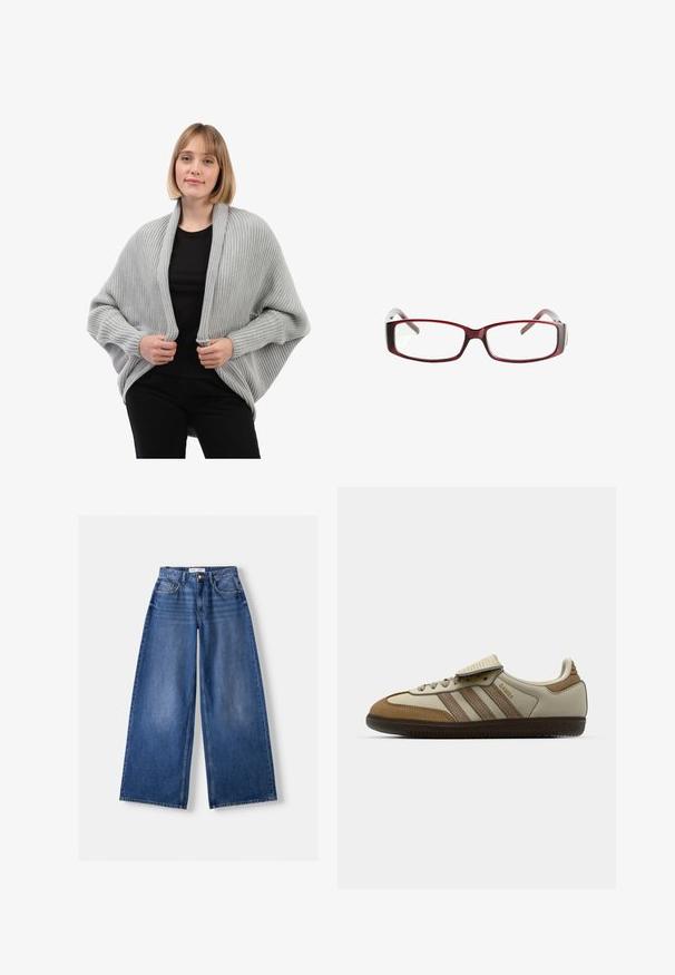 Helles graues gestricktes Cardigan mit gerippter Textur, offener Vorderseite und langen Ärmeln. Hat eine lockere Passform und ein fallendes Design.; Stradivarius Top - light yellow; Bershka WIDE-LEG - Wide Leg - dark blue; Braune und cremefarbene Sportschuhe mit drei beigefarbenen Streifen, aus Wildleder und Leder gefertigt, Schnürdesign und Gummisohle. Textlogo an der Seite.; Rote rechteckige Brille mit schlankem Design. Klare Gläser, leicht durchsichtige Bügel und ein Verlaufseffekt von Rot zu Grau.