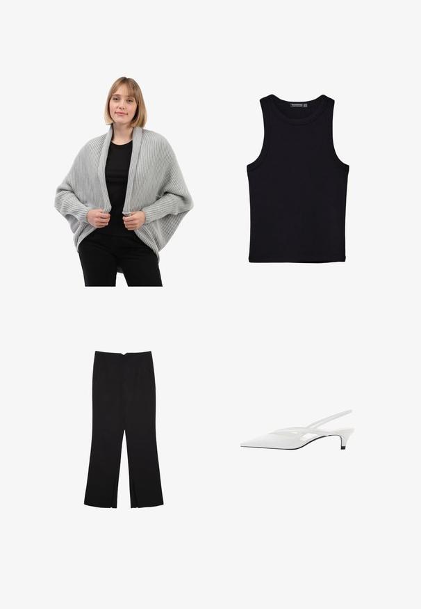 Lys grå strikket cardigan med ribbet tekstur, åben front og lange ærmer. Har en afslappet pasform og draperet design.; Sort tank top lavet af bomuld, med rund halsudskæring og brede armhuller. Glat tekstur med syede kanter. Klassisk, minimalistisk design.; Sorte bukser med lige pasform, der har frontlommer og slidser i kanten. Lavet af blødt, glat stof. Velegnet til forskellige anledninger.; Hvide slingback hæle med spids tå, der har en glat overdel, subtile udskæringer og en lav blokhæl. Den sorte sål fremhæver designet.