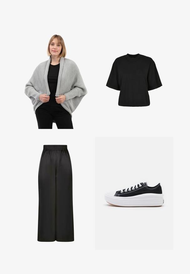 Cardigan de punto gris claro con textura acanalada, frente abierto y mangas largas. Presenta un ajuste holgado y un diseño drapeado.; Camiseta corta negra de algodón. Cuenta con mangas cortas y un escote redondo. Textura suave con un diseño sencillo, sin patrones adicionales.; Pantalones negros de pierna ancha hechos de una tela suave y brillante, con una cinturilla elástica y sin bolsillos visibles ni detalles de metal.; Zapatillas de lona negras con cordones blancos, puntera de goma blanca y una suela blanca gruesa. Presenta costuras blancas sutiles y una suela de goma.