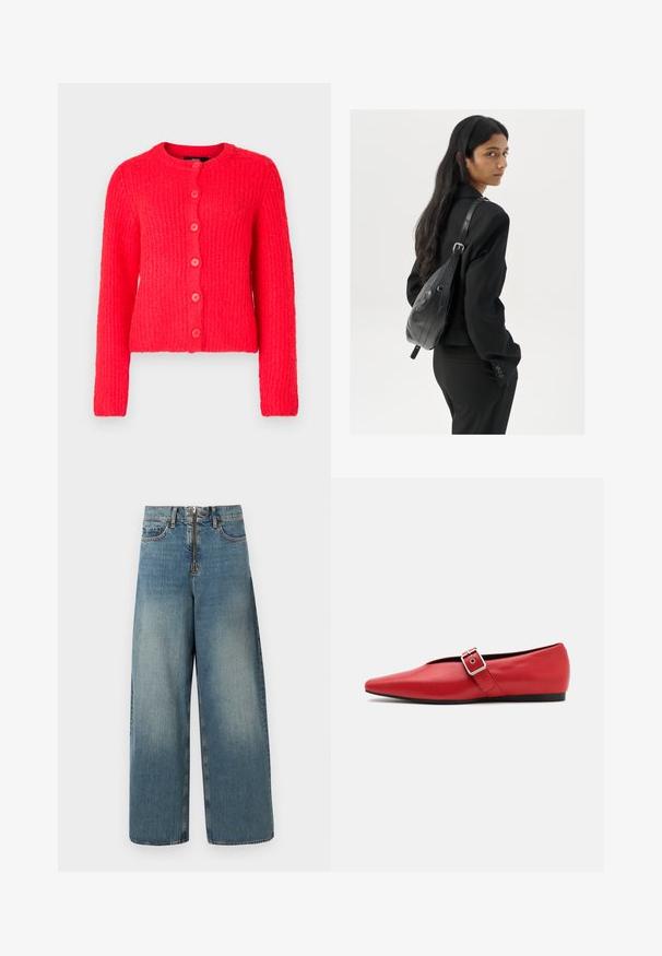 Rød, ribbestrikket cardigan med rund hals, lange ermer og seks matchende knapper foran. Myk tekstur med en lett cropped passform.; Hvit ermeløs tanktop laget av ribbet stoff, med rund hals og en tettsittende silhuett, med minimale sømmer og ingen dekorasjoner.; Bukse med vid ben i lys blå vask. Har glidelås og knappelukking, samt subtil falming for et brukt utseende.; Røde lærflatsko med spiss tå, med en sidespenne med metallspenne og en lav svart hæl. Glatt tekstur gjennom hele skoen.; Kvinne med langt mørkt hår iført et svart jakkesett, som bærer en svart skinn skulderveske, og ser over skulderen mot en hvit bakgrunn.