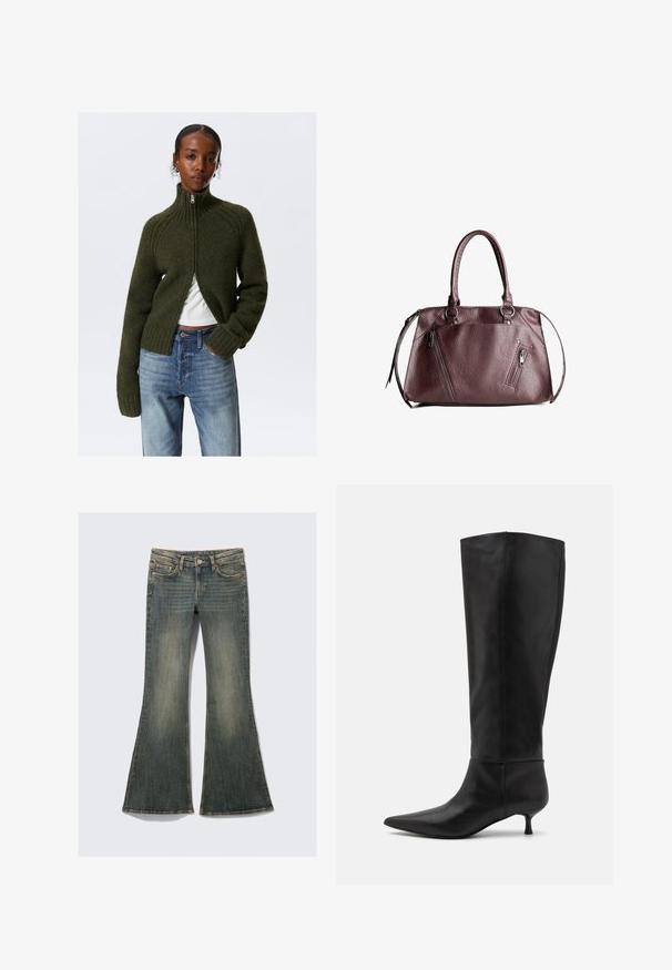 Dunkelgrüner, zuweisbarer Pullover mit geripptem Kragen und Bündchen. Weiche Textur, cropped Design, getragen über einem weißen Oberteil, kombiniert mit hellblauen Jeans.; Weißes T-Shirt mit kurzen Ärmeln aus Baumwolle. Es hat einen Rundhalsausschnitt, ein schlichtes Design und ein Logolabel am Kragen. Glatte Textur.; Ausgestellte Jeans aus Denim in einem blassen Blauton mit einem klassischen Fünf-Taschen-Design, das eine leichte Textur und sichtbare Nähte aufweist.; Knöchelhohe schwarze Lederstiefel mit einer spitz zulaufenden Zehenpartie und einem Kitten-Heel. Glatte Textur und minimalistisches Design ohne sichtbare Beschläge oder Akzente.; Burgunderfarbene Ledertasche mit doppelten Griffen, texturiertem Material, seitlichen Reißverschlusstaschen und einer strukturierten Form. Mit silberfarbenen Hardware-Akzenten.