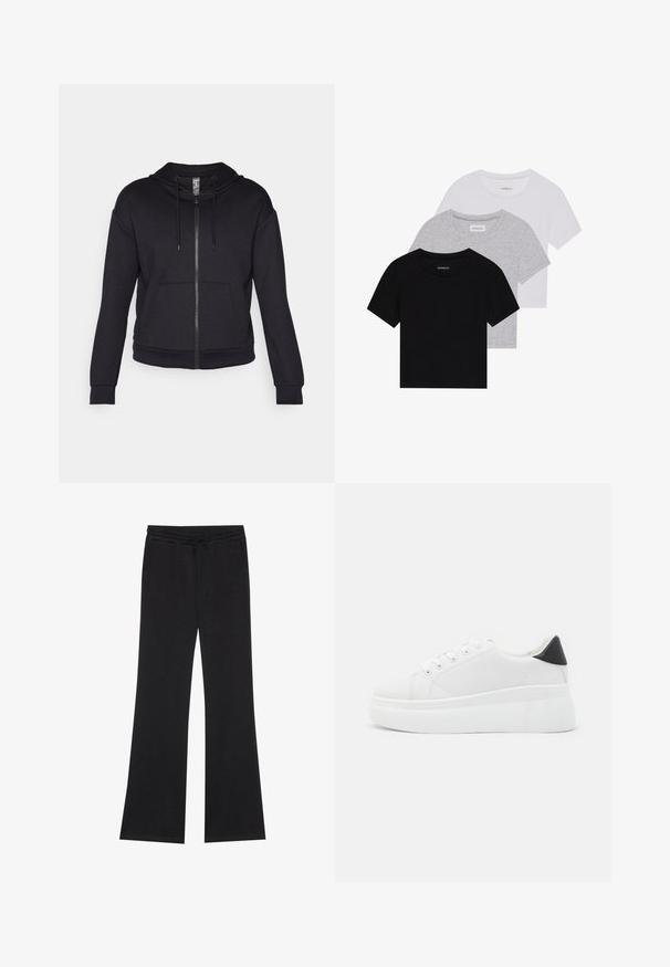 Fekete cipzáras kapucnis pulóver, puha anyagból készült, bélelt kapucnival, zsinórral, elülső zsebekkel és bordázott mandzsettával, valamint aljúval.; Három rövidujjú póló készlet fekete, szürke és fehér színben. Pamutból készült, kerek nyakú, egyszerű, egyszínű dizájnnal.; Even&Odd Tréningruha alsók - black; Fehér platform sportcipők sima szintetikus anyagból, lekerekített orral, fűzős kialakítással és texturált gumitalppal. Fekete sarokdísz.