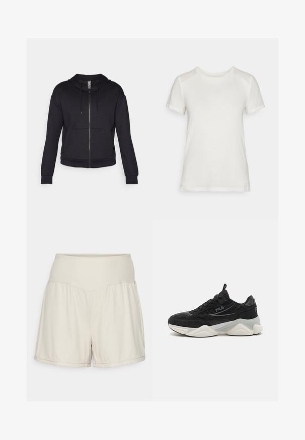 Sweatshirt com fecho éclair preto feito de tecido macio, com capuz forrado, cordão, bolsos frontais e punhos e bainha em ribana.; T-shirt branco de manga curta feito de um tecido suave, com um decote redondo e um corte descontraído, apresentando acabamentos nos ombros lisos e sem costura.; Bermudas bege claro com um cós texturizado e canelado, design fluido e ajuste casual. Apresenta bainhas costuradas e aberturas laterais para mais flexibilidade.; Sapatilhas pretas feitas de malha e camurça, com sola grossa, forma arredondada, subtis detalhes cinzas e logo da marca na lateral.