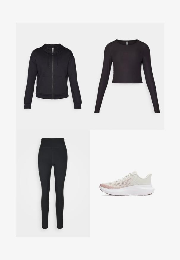 Melnas rāvējslēdzēja jaka, izgatavota no mīkstas auduma, aprīkota ar oderētu kapuci, regulējamu auklu, priekšējām kabatām un ribotām piedurknēm un apakšmalu.; Melnā garumās piedurknes īsajā augšpusē, kas izgatavota no ribota auduma. Iezīmē apaļu dekoltē un pieguļošu siluetu ar strukturētu virsmu.; Melnas legingi, izgatavoti no elastīga auduma, ar augstu jostasvietu, ribotām paneļiem sānos un pieguļošu dizainu, kas pieguļ potītēm.; Vieglie sporta apavi ar elpojošu baltu sietu augšdaļu, gradienta rozā akcentiem un biezu baltu zoli ar teksturētu apdari.