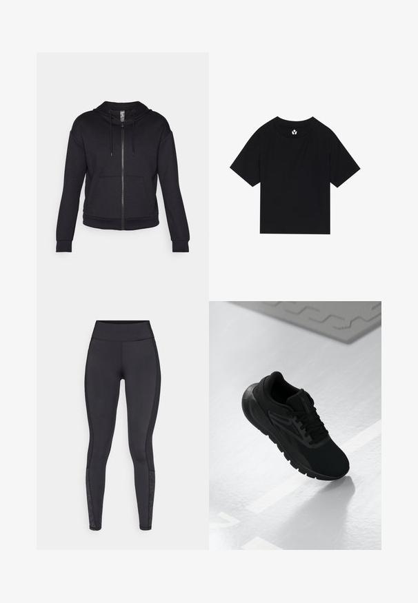 Czarna bluza z kapturem na zamek, wykonana z miękkiego materiału, z wyściełanym kapturem, sznurkiem ściągającym, przednimi kieszeniami oraz ściągaczami na mankietach i u dołu.; Czarna koszulka z krótkim rękawem o prążkowanej fakturze, okrągłym dekolcie i rękawach raglanowych. Posiada małe białe logo na kołnierzyku.; Czarne legginsy wykonane z elastycznego materiału. Wysoki stan, gładka tekstura, zdobione wzorzystymi akcentami na dolnej części nogawki.; Czarny but sportowy z siateczkową cholewką, okrągłym noskiem, amortyzowaną podeszwą i teksturowanymi akcentami, umieszczony na gładkiej białej powierzchni.
