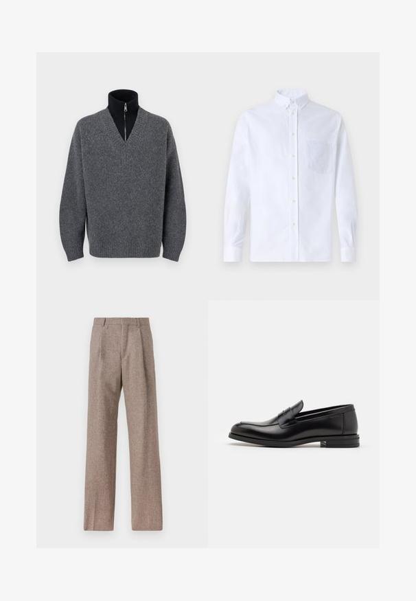 Tumši pelēks V veida kakla džemperis, slāņots virs melna rāvējslēdzēja augstās apkakles blūzes ar ribotām piedurknēm un apakšmalu, izlikts uz baltas fona.; Balts garo piedurknēm krekliņš ar pogām, izgatavots no kokvilnas, ar krūšu kabatu ar tonālu izšuvumu, apkakli un pogām pie piedurknēm.; Brūni, augstos šortos izgatavoti no teksturēta auduma. Iezīmē plašas kājas un divas priekšējās krokas, kas nodrošina struktūru. Kārtīga apdare bez redzamām detaļām.; Melnas ādas kurpes ar gludu tekstūru, noapaļu purngalu un dekoratīvu siksniņu pāri priekšpusei. Zems sakrauts papēdis, minimālisma dizains.