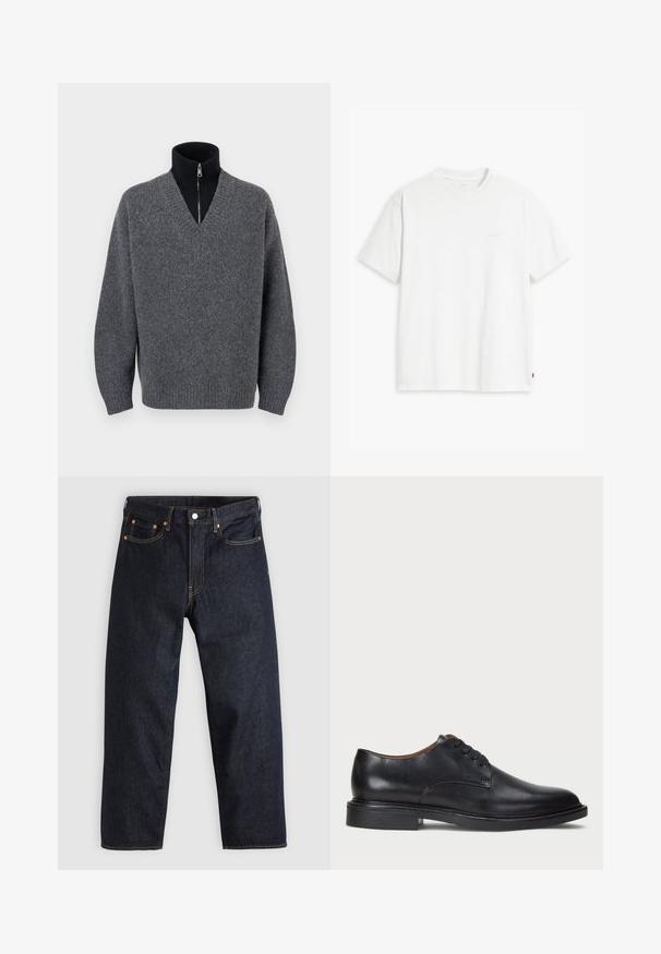 Donkergrijze V-hals trui gelaagd over een zwarte rits-turtleneck met geribde manchetten en zoom, weergegeven op een witte achtergrond.; Witte katoenen T-shirt met korte mouwen, ronde hals en subtiele Levi's logo gedrukt in het midden. Zachte textuur en standaard pasvorm.; Donkerblauwe denim jeans met een rechte snit, vijf zakken, contrasterende oranje stiksels en een knoopsluiting. Geen zichtbare patronen of versieringen.; Zwart leren dresschoen met een ronde neus, vetersluiting en een lage gestapelde hak. Gladde textuur met minimale stiksels.