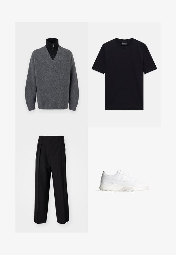 Dunkelgrauer V-Ausschnitt-Pullover, über einem schwarzen Reißverschluss-Stehkragenpullover mit gerippten Bündchen und Saum, auf weißem Hintergrund präsentiert.; Schwarzes kurzärmeliges T-Shirt mit Rundhalsausschnitt und dezentem, geprägtem Muster sowie Markenlabel im Kragen, flach auf weißem Hintergrund ausgelegt.; Schwarze, plissierte Hose mit geradem, weitem Bein. Hergestellt aus glattem Stoff, mit Knopfverschluss und Gürtelschlaufen.; Weißer Sportschuh mit einem strukturierten Lederobermaterial, abgerundeter Zehenform und einer dicken Gummisohle mit einem geriffelten Muster für besseren Halt.