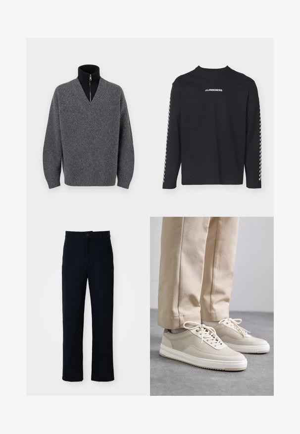 Pulover gri închis cu guler în V, suprapus peste un pulover negru cu fermoar și guler înalt, cu manșete și tiv striate, expus pe un fundal alb.; Tricou negru cu mânecă lungă din bumbac, cu gât rotund și logo-ul J.Lindeberg pe piept, având un model în carouri pe mâneci.; Pantaloni bleumarin din bumbac, cu un design drept, închidere frontală cu nasture și talie clasică cu bucle pentru curea.; Pantofi sport bej cu un material superior texturat, talpă albă și detalii cusute, asortați cu pantaloni bej, expuși pe o suprafață gri.