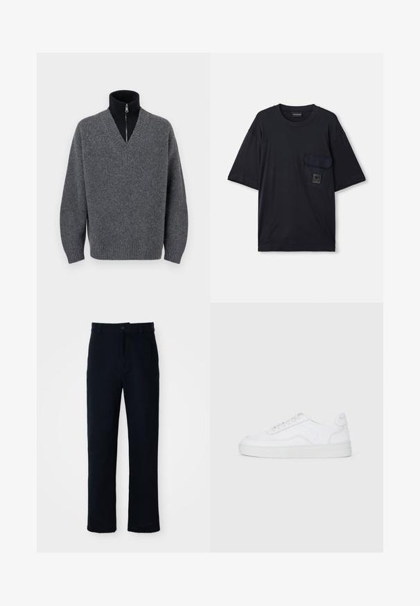 Σκούρο γκρι πουλόβερ V με μαύρο φούτερ με φερμουάρ και ψηλό γιακά, με ribbed μανσέτες και στρίφωμα, τοποθετημένο σε λευκό φόντο.; Μαύρο κοντομάνικο μπλουζάκι με στρογγυλή λαιμόκοψη και τσέπη με καπάκι στην αριστερή πλευρά του στήθους, η οποία διαθέτει μια μικρή ορθογώνια ταμπέλα με λογότυπο.; Κοντό παντελόνι σκούρου μπλε χρώματος, φτιαγμένο από βαμβάκι, με ίσια γραμμή, μπροστινό κλείσιμο με κουμπί και κλασική ζώνη με θηλιές.; Λευκό χαμηλό sneaker με κορδόνια μπροστά, λείο ύφασμα και καουτσούκ σόλα σε απλό ανοιχτό φόντο.