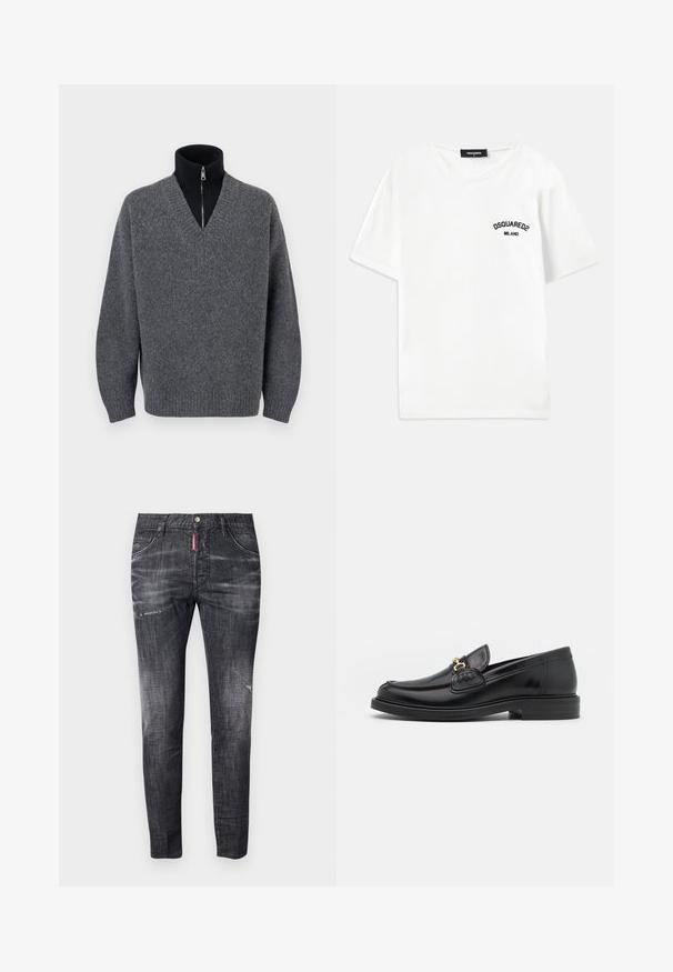 Pull en V gris foncé superposé à un col roulé noir zippé avec des poignets et un ourlet côtelés, présenté sur un fond blanc.; T-shirt en coton blanc avec un col rond, des manches courtes et un logo brodé noir portant la mention "DSQUARED2 MILANO" sur la poitrine gauche.; Jean en denim gris foncé avec une coupe slim, un léger dégradé, des marques d'usure sur les cuisses, cinq poches et un détail de label rouge contrastant.; Mocassins en cuir noir avec un embout rond, présentant des accents en métal doré et des détails de couture, montés sur une semelle en caoutchouc texturé et basse.