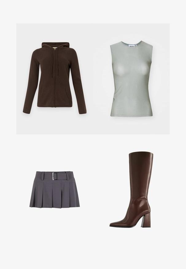 Haut à capuche zippé marron avec un cordon de serrage, des manches longues, des poches latérales et une texture douce. Le design est simple et fonctionnel.; Haut sans manches vert clair en tissu lisse, avec un col montant et une silhouette ajustée. Pas de matériel ou de motifs visibles.; Jupe mini plissée grise avec une texture lisse, dotée d'une large ceinture, de passants de ceinture et d'un détail de boucle rectangulaire en argent.; Botte en cuir marron montant jusqu'au genou, avec bout pointu et talon épais de hauteur moyenne, vue de profil sur fond blanc.