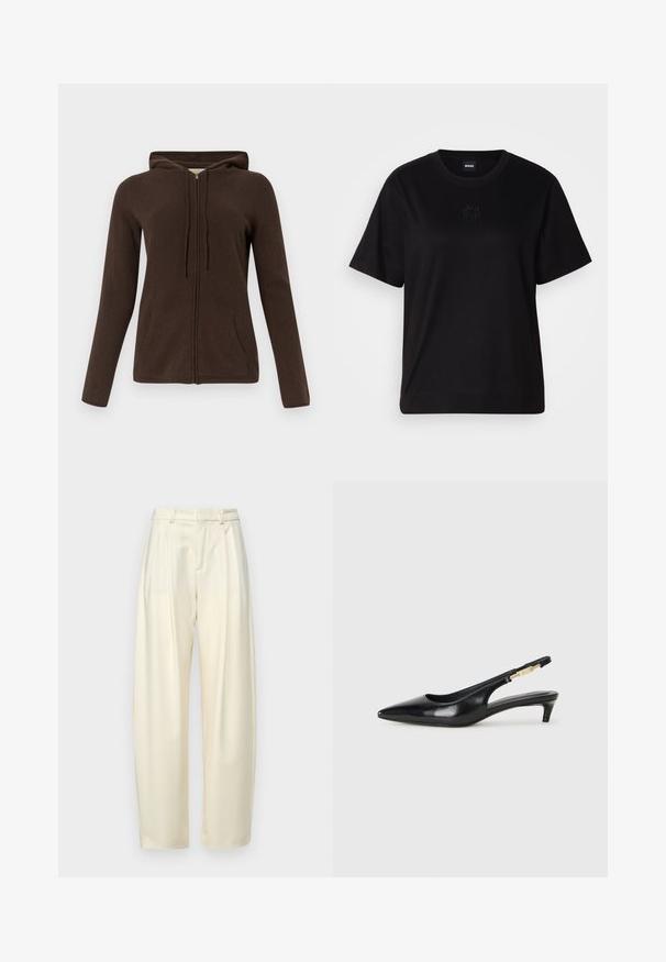 Felpa con zip marrone, dotata di cappuccio con coulisse, maniche lunghe, tasche laterali e una texture morbida. Il design è semplice e funzionale.; Maglietta in cotone nera con scollatura tonda, maniche corte e logo ricamato sul petto. Design semplice e vestibilità rilassata senza motivi.; Pantaloni a pieghe a vita alta in tessuto crema chiaro. Presentano un taglio dritto e una texture liscia. Nessuna tasca o hardware visibile.; Tacchi slingback in pelle nera con punta affusolata, caratterizzati da un tacco alto e un accento dorato sulla cinghia regolabile. Texture liscia.
