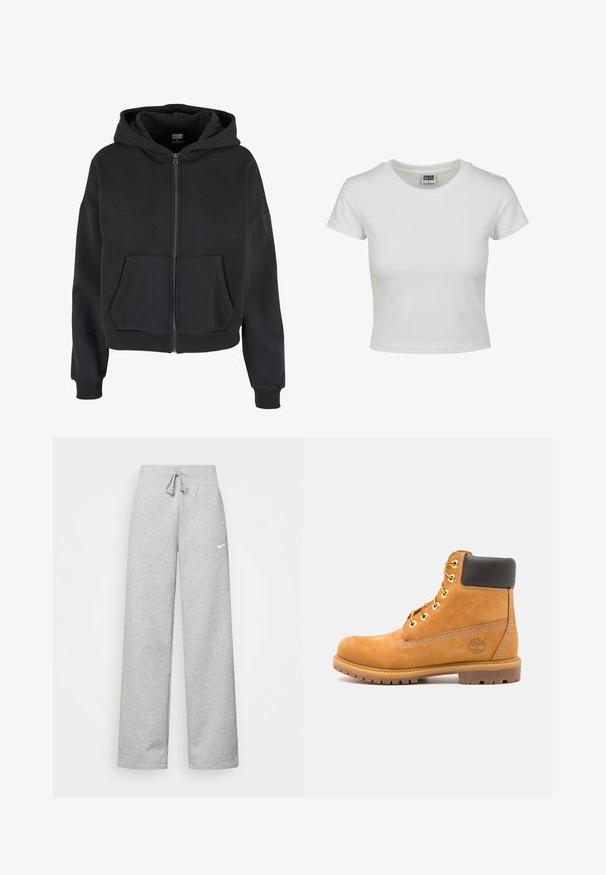 Felpa nera con zip e cappuccio regolabile, due tasche frontali, polsini a costine e una texture morbida, progettata per comfort e calore.; T-shirt bianca in cotone con collo rotondo classico, maniche corte e forma aderente. Nessun motivo o dettaglio visibile.; Pantaloni tuta grigi con vita elastica, dettaglio con cordino e piccolo logo Nike bianco sulla coscia sinistra. Tessuto morbido, vestibilità ampia.; Stivale alla caviglia in pelle marrone con imbottitura nera, occhielli dorati e suola texturizzata. Presenta un logo circolare su un lato e dettagli di cucitura.