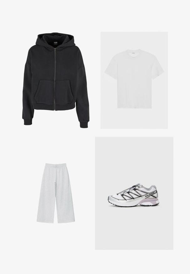 Črna zip-up kapuca z vrvico za nastavitev na kapuci, dvema sprednjima žepoma, rebrastimi manšetami in mehkim otipom, zasnovana za udobje in toploto.; Bela bombažna majica s kratkimi rokavi, krožnim izrezom in sproščenim fitom. Gladka tekstura brez vidnih vzorcev ali akcentov.; Svetlo sivi široki hlače iz mehkega materiala z elastičnim pasom. Oblikovanje vključuje ohlapen kroj za udobje in svobodo gibanja.; Tekstilni tekaški čevelj z lahkotno, belo mrežasto zgornjico, s srebrnimi detajli in črnim sistemom vezalk; ima strukturirano podplat za oprijem.
