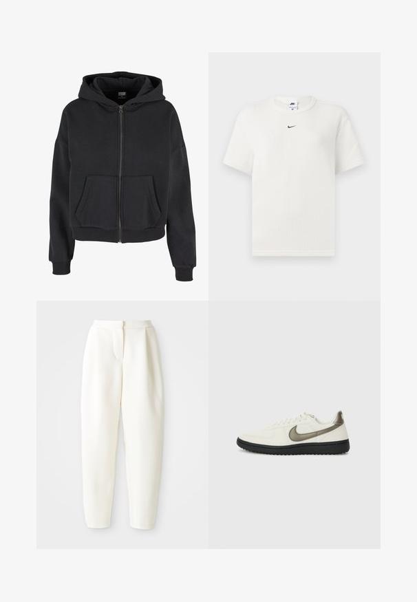 Sudadera negra con cremallera, capucha con cordón, dos bolsillos frontales, puños acanalados y una textura suave, diseñada para la comodidad y el calor.; Camiseta blanca de canalé con un escote redondo y mangas cortas. Presenta un pequeño logo negro de Nike en el pecho. Tejido texturizado con una forma ajustada.; Pantalones blancos de tiro alto y corte tapered con cierre frontal oculto y bolsillos laterales, exhibidos sobre un fondo blanco liso.; Nike Sportswear FIELD GENERAL - Zapatillas - off-white/black