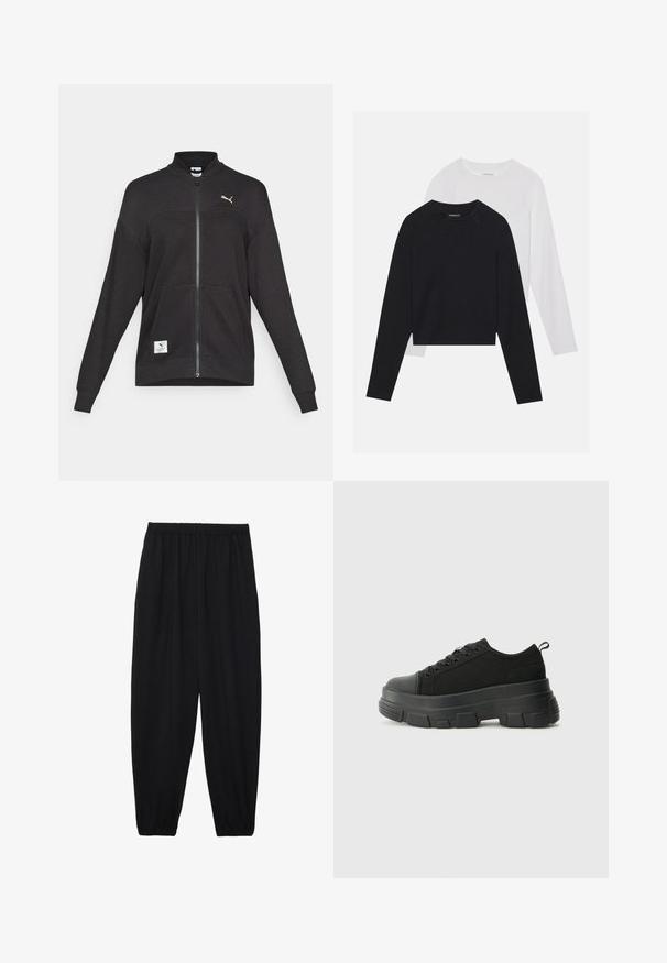 Fekete Puma teljes zippes dzseki bordázott textúrával, két elülső zsebbel, magas galléroval, valamint fehér Puma logóval a mellkason és az alsó bal oldalon.; Két hosszúujjú póló: az egyik fekete, a másik fehér. Mindkettő kerek nyakú, raglán ujjal és puha pamutkeverék anyaggal készült.; Fekete, könnyű nadrág elasztikus derékkal és ráncolt bokákkal. Az anyag sima és laza, szűkített dizájnnal rendelkezik.; Fekete sportcipők vastag gumitalppal, texturált szövet felsőrésszel, kerek orral és fűzős kialakítással. Megerősített fűzőlyukakkal és hátsó húzófüllel rendelkezik.
