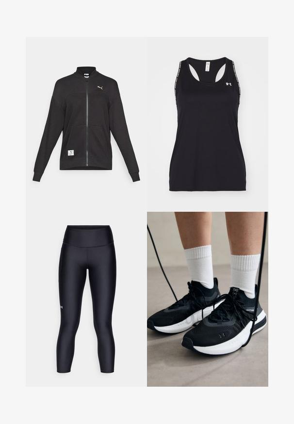 Černá bunda Puma na zip s ribrovou texturou, dvěma předními kapsami, vysokým límcem a bílým logem Puma na hrudi a dole vlevo.; Černý sportovní top na ramínka s nízkým výstřihem a závodním designem. Obsahuje logo a vzorované ramínka. Vyrobeno z lehkého a prodyšného materiálu.; Černé legíny vyrobené z hladkého, elastického materiálu. Vysoký pas s těsným střihem a malým logem na levé noze.; Černé sportovní boty s texturovanou tkaninou, bílou podrážkou a černými tkaničkami. Nosené s bílými žebrovanými ponožkami, stojící na světlém povrchu.