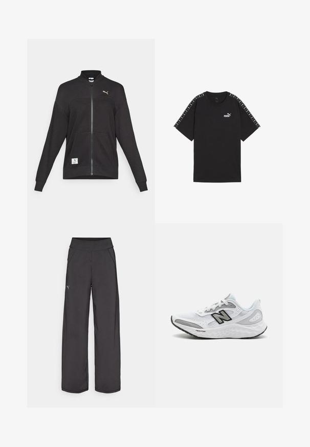 Black Puma full-zip jacket with ribbed texture, two front pockets, high collar, and white Puma logo on chest and bottom left.; Black short-sleeve t-shirt made of cotton. Features white Puma logo on chest and patterned accents on shoulders. Standard fit and crew neck.; Black athletic pants with a wide waistband, side pockets, and flat seams. Features a small logo on the left leg. Made from smooth, stretchy fabric.; White athletic shoes with mesh upper, black and grey accents, lightweight design, Fresh Foam cushioning, and textured rubber outsole.