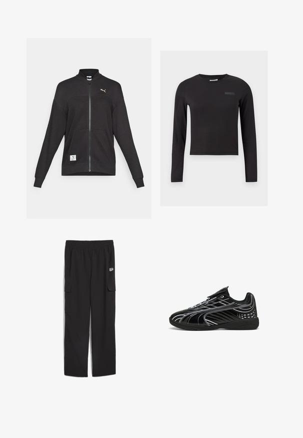 Sort Puma fuld-zip jakke med ribbet tekstur, to frontlommer, høj krave og hvid Puma-logo på brystet og nederste venstre side.; Sort langærmet crop top lavet af strækstof, med rund halsudskæring og et lille logo trykt på brystet.; Sorte cargo-bukser lavet af letvægtsstof, med elastisk talje, to sidelommer og et logo-patch på venstre lår.; Sorte atletiske sko med et slankt design, der har en blank finish, hvide accenter, mesh-paneler for åndbarhed og en velcrolukning.