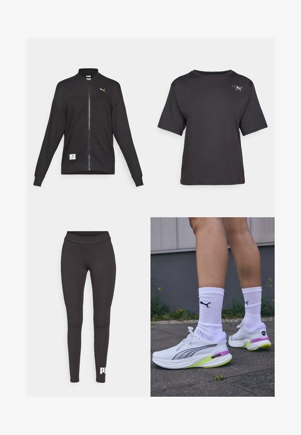 Veste zippée noire Puma avec texture côtelée, deux poches avant, col montant et logo Puma blanc sur la poitrine et en bas à gauche.; T-shirt noir à manches courtes en tissu doux, avec un col arrondi et un petit logo sur le côté supérieur gauche.; Leggings noirs en tissu extensible, avec une taille haute et un logo blanc imprimé sur le bas de la jambe gauche. Texture lisse.; Baskets de course blanches au design élégant, avec des accents noirs, des détails de semelle violette et verte, et accompagnées de chaussettes blanches côtelées arborant un logo noir.