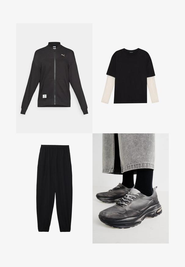 Giacca nera Puma con zip completa, texture a coste, due tasche frontali, colletto alto e logo Puma bianco sul petto e in basso a sinistra.; T-shirt nera in cotone con maniche corte sopra un sotto manica lunga bianca, caratterizzata da una sottile texture. Design con scollo rotondo.; Pantaloni neri leggeri con vita elastica e caviglie arricciate. Il tessuto è liscio e presenta un design rilassato e affusolato.; Le scarpe da ginnastica nere e grigie presentano una tomaia in rete, suole spesse e lacci. Hanno una punta arrotondata e un dettaglio di ammortizzazione visibile.