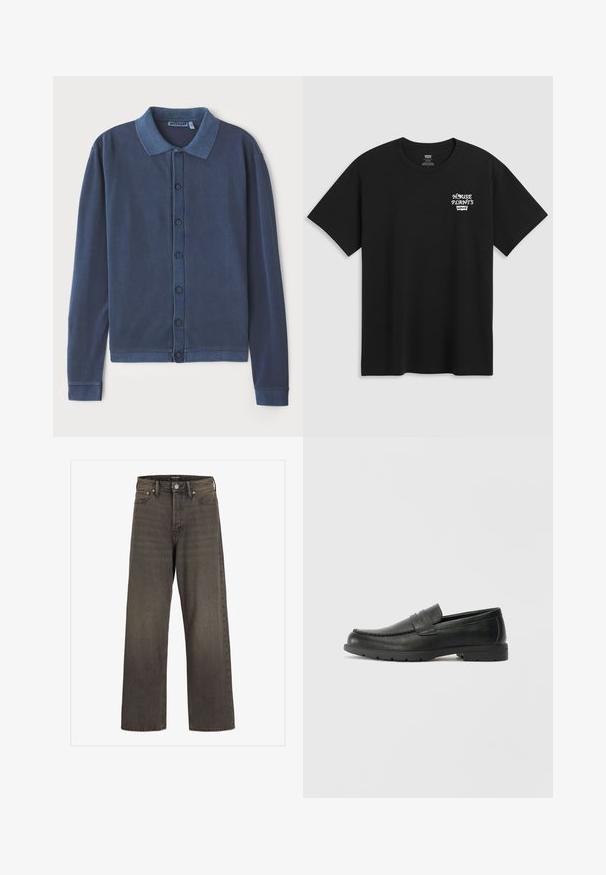 Mørkeblå langermet cardigan med knappestolpe, krage og ribbestrikkede mansjetter, laget av myk, strukturert stoff.; Svart bomull t-skjorte med brysttrykk som leser "HUSPLANTER" i hvit stilisert skrift med "Levi's" under. Klassisk crew-hals.; Videbukser i mørkegrå denim, med høj talje, klassisk fem-lomme design og kontrasterende syninger langs sømmene.; Svart skinnloafers med glatt finish, mokkasin-stil overdel, broderte detaljer og gummisåle. Klassisk design med lav hæl.