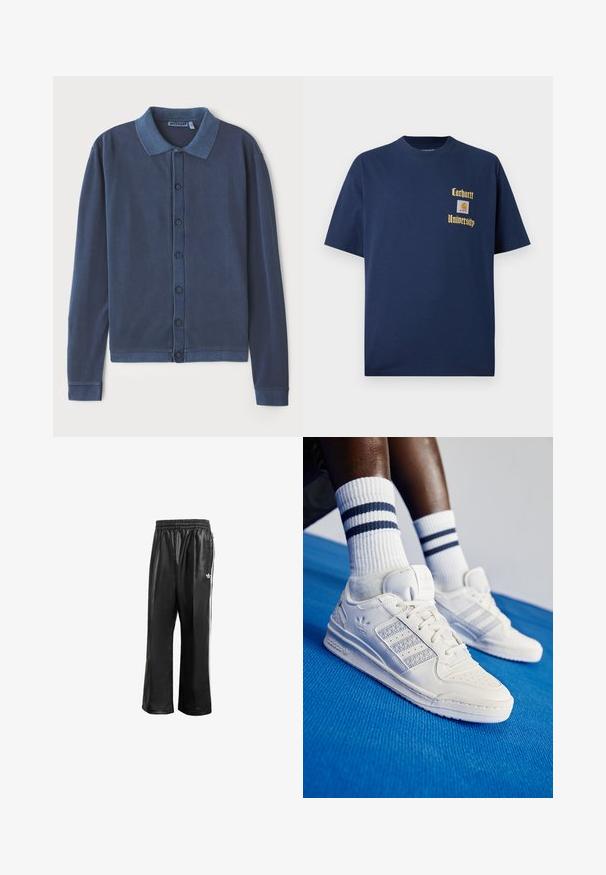 Marineblauer Langarmstrickjacke mit Knopfverschluss, einem Kragenhals und gerippten Manschetten, aus weichem, strukturiertem Stoff.; Marineblaue Baumwoll-T-Shirt mit kurzen Ärmeln, mit goldener Schrift "Carhartt University" und einem Logo-Patch auf der linken Brust.; Schwarze synthetische Sporthosen mit elastischem Taillenbund, ausgestattet mit weißen Seitenstreifen und einem kleinen weißen Logo auf der linken Hüfte.; Weiße Leder-Sneaker mit perforierten Akzenten, drei metallischen Streifen und einem strukturierten Seitenpaneel. Getragen mit weißen Socken mit blauen Streifen.
