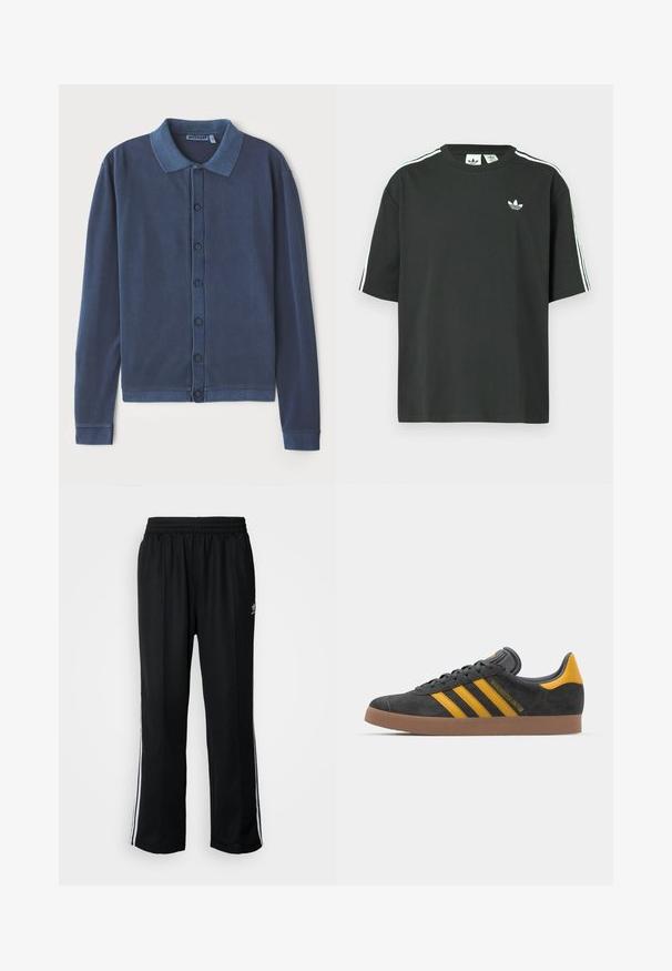 Navy blue long-sleeve cardigan with a button-up front, a collared neckline, and ribbed cuffs, made from soft, textured fabric.; Black cotton t-shirt with short sleeves, crew neckline, and white three-stripe detailing on shoulders. Features a small white logo on chest.; Black athletic pants with an elastic waistband, featuring white side stripes and a small logo. Material appears soft and lightweight.; Black suede sneaker with yellow accents, featuring three stripes and a brown rubber sole. Includes a padded tongue for comfort.