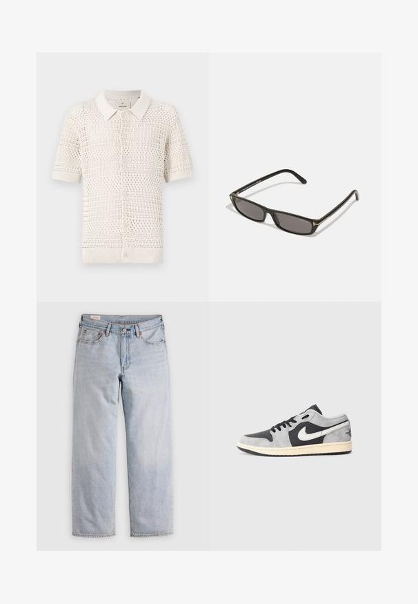 Polo shirt à manches courtes en maille beige clair avec un motif en weave ouvert, présentant un col et six boutons d'attache.; T-shirt blanc à manches courtes en coton doux, avec un col ras du cou et une coupe standard, sans motifs ni matériel visible.; Jeans droits bleu clair à taille haute, avec fermeture à boutons et poches avant et arrière, présentés sur une surface plate.; Nike Air Jordan 1 Low en cuir suédé gris et noir avec des accents blancs. Présente une semelle rembourrée et le logo emblématique de Nike.; Lunettes de soleil noires rectangulaires avec des verres sombres. Monture en plastique avec une finition mate. Accents dorés sur les branches et logo de marque.