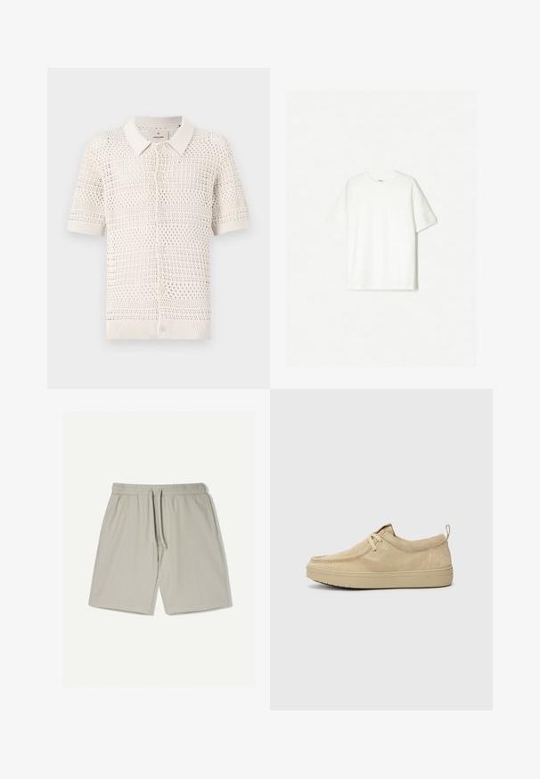 Lyhythihainen, vaaleanbeige neulottu poolopaita, jossa on avonainen kudontamalli, kauluskainalo ja kuusi nappisuljinta.; Valkoinen lyhythihainen t-paita, joka on valmistettu pehmeästä puuvillasta. Pyöreä kaula-aukko ja rento istuvuus ilman näkyviä logoja tai kuvioita.; Vaaleanharmaat urheilushortsit, jotka on valmistettu sileästä ja hengittävästä kankaasta. Ominaisuuksiin kuuluu joustava vyötärö, jossa on nyöri, ja huomaamattomat sivusaumat.; Beige mokkasiinit, joissa on pyöreä nenä, minimivaraus ja kumipohja. Pehmeä rakenne ja hillitty brändiaccentti kantapäässä.