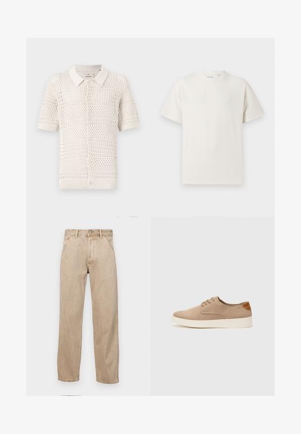 Korte mouwen, lichtbeige gebreide polo met een open weefpatroon, voorzien van een kraag en zes knoopsluitingen.; Witte korte mouwen T-shirt met ribbelstructuur. Ronde hals, ontspannen pasvorm, geen zichtbare patronen of accenten. Eenvoudig en veelzijdig ontwerp.; Beige denim jeans met een recht gesneden ontwerp, voorzien van voorzakken, een metalen knoopsluiting en een subtiele textuur.; Beige suède sneakers met een ronde neus, vetersluiting aan de voorkant en een getextureerde achteraccent. De witte rubberen zool zorgt voor contrast. Eenvoudig en modern ontwerp.