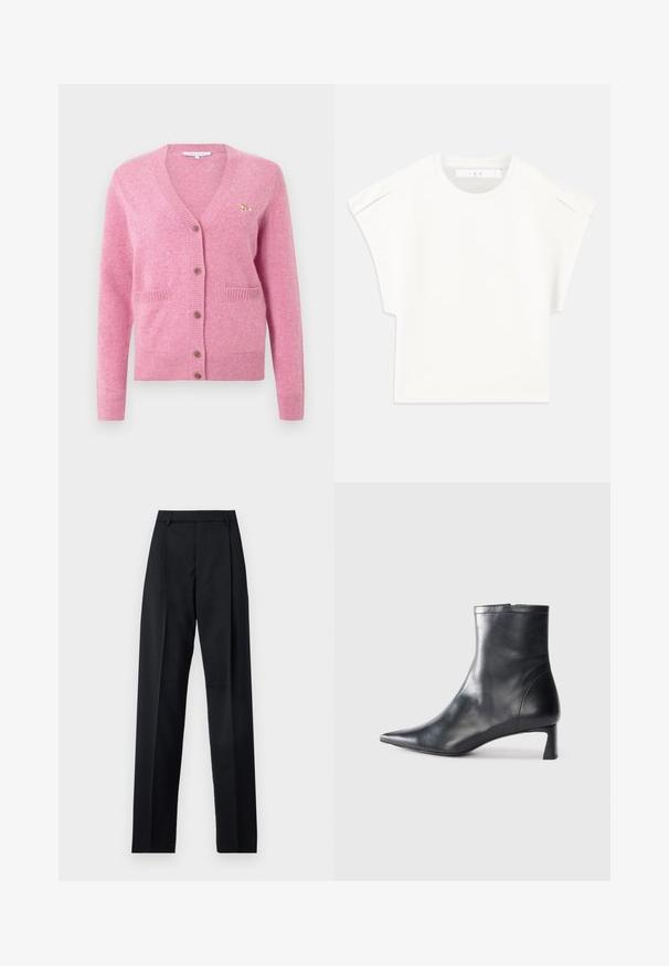 Cardigan din lână roz cu decolteu în V, șase nasturi pe față, două buzunare aplicate și un accent cu un mic broșă în formă de animal pe partea stângă.; Tricou alb, cu croială pătrată și mâneci scurte. Fabricat dintr-un material fin, cu decolteu rotund și accente subtile la umeri. Design simplu.; Pantaloni negri dintr-un material neted, cu talie înaltă, picioare largi, pliuri frontale și loop-uri clasice pentru curea. Fără buzunare laterale vizibile.; Cizmă de gleznă din piele neagră cu vârf ascuțit și un design elegant. Dispune de un toc mic și de o închidere cu fermoar la spate. Textură netedă.