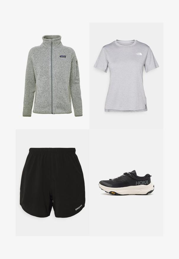 Giacca in pile grigia con colletto alto, cerniera frontale completa e tasche con zip. Presenta un materiale testurizzato e accenti grigi a contrasto.; T-shirt grigio a maniche corte realizzato in morbido tessuto traspirante. Presenta un collo tondo e un piccolo logo bianco nella parte superiore sinistra.; Shorts sportivi neri con vita elasticizzata, dotati di orlo curvo, tasche laterali e una piccola logo bianco "Patagonia" in basso a destra.; Scarpe da ginnastica nere con tomaia in mesh traspirante, suola in gomma, intersuola bianca ammortizzante e lacci riflettenti. Logo Vibram sulla suola.