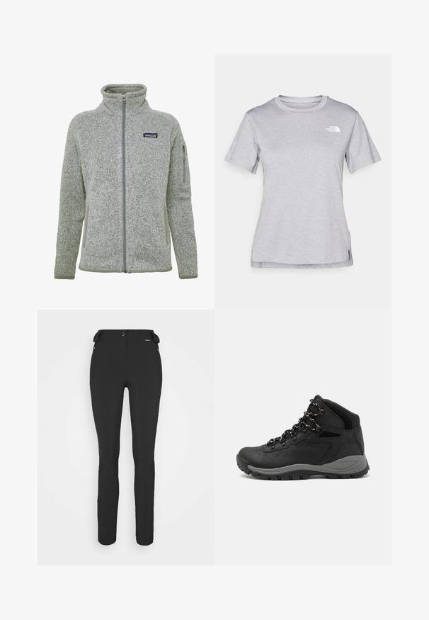 Hall välimusega hall fliiskate, millel on kõrge krae, täispikk tõmblukk ja tõmblukuga taskud. Omab tekstuuri ja kontrastset halli aksenti.; Hall juppuvarrega, pehmeast, niiskust eemaletõukavast kangast lühikeste varrukatega hall T-särk. Omab ümarat kaelust ning väikest valget logo vasakul ülal.; Mustad, hästi istuvad püksid, mis on valmistatud paindlikust materjalist. Omadusteks on lukuga küljetasku, artikeeritud põlved ja sile pind.; Mustarjaline matkasaabas, millel on keskmine disain, tekstuuriga ülemine osa, hallid aktsendid ja vastupidav kummist põhi, millel on haardelugesid.