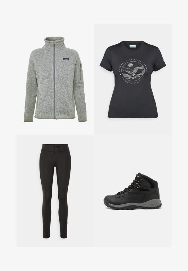 Casaco de fleece cinza com gola alta, fecho éclair frontal completo e bolsos com fecho éclair. Apresenta material texturizado e detalhes em cinza contrastante.; T-shirt preto da Columbia com arte em linha branca circular representando montanhas e rios, e o texto "Columbia Sportswear Company Outside Since 1938."; Leggings pretos com uma cintura alta, cordão, textura suave e design ajustado. Apresentam detalhes de costura ao longo das laterais.; Bota de caminhada preta com design de cano médio, apresentando um upper texturizado, detalhes cinzentos e sola de borracha durável com cravos de tração.