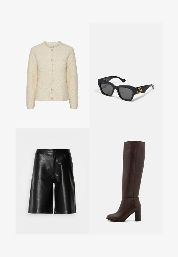 Een lange mouwen, crèmekleurige cardigan met een gestructureerd ruitpatroon, een gegolfde kraag en vijf decoratieve parelknopen aan de voorkant.; Korte mouwen, licht crèmekleurig topje met een ronde hals, gemaakt van zachte stof. Heeft een ontspannen pasvorm en een gladde textuur, geschikt om te dragen in laagjes.; Zwarte leren shorts met een gladde textuur, voorzien van zijzakken, een ritsgulp en een op maat gemaakte pasvorm.; Bruine leren kniehoog laars met een blokhak, gladde textuur, ronde neus en minimale stikseldetails.; Zwarte rechthoekige zonnebril met donkere lenzen, voorzien van een gouden GG-logo aan de zijkant. Gemaakt van glanzend plastic met rechte pootjes.