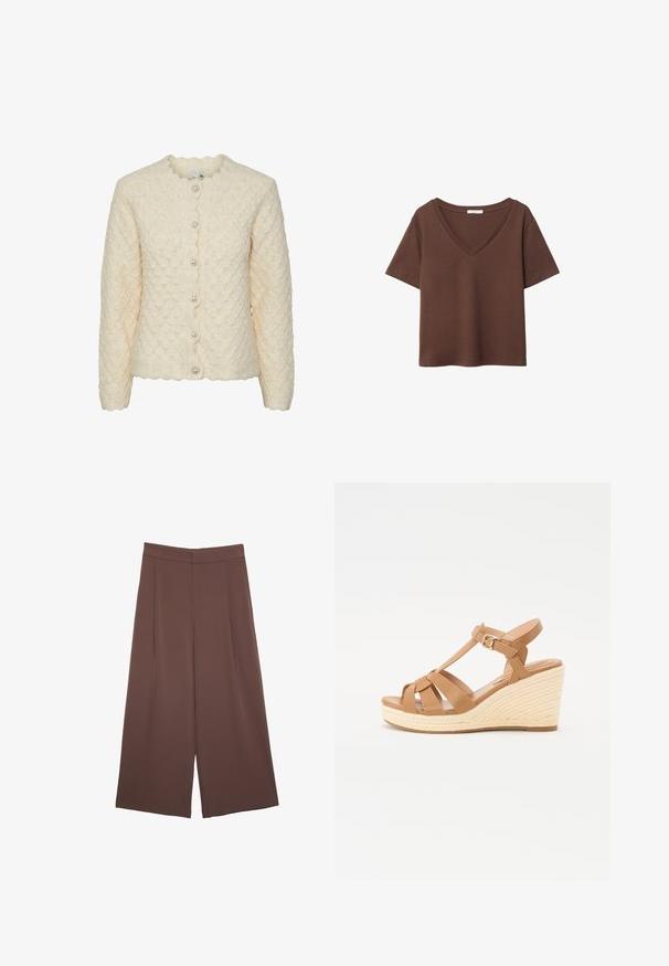 Svetr s dlouhými rukávy, krémové barvy, s texturovaným diamantovým vzorem, s vlnitým límcem a pěti ozdobnými perlovými knoflíky vpředu.; Hnědý bavlněný tričko s krátkými rukávy a hlubokým V-výstřihem. Jednoduchý design, měkká textura a rovný lem. Žádné vzory ani akcenty.; Hnědé široké kalhoty s hladkou texturou, vysokým pasem a předními záhyby. Materiál je lehký a volně splývá.; Hnědé klínové sandály s křížovým designem, nastavitelnou přezkou kolem kotníku a texturovaným tkaným klínem ve stylu espadrille.