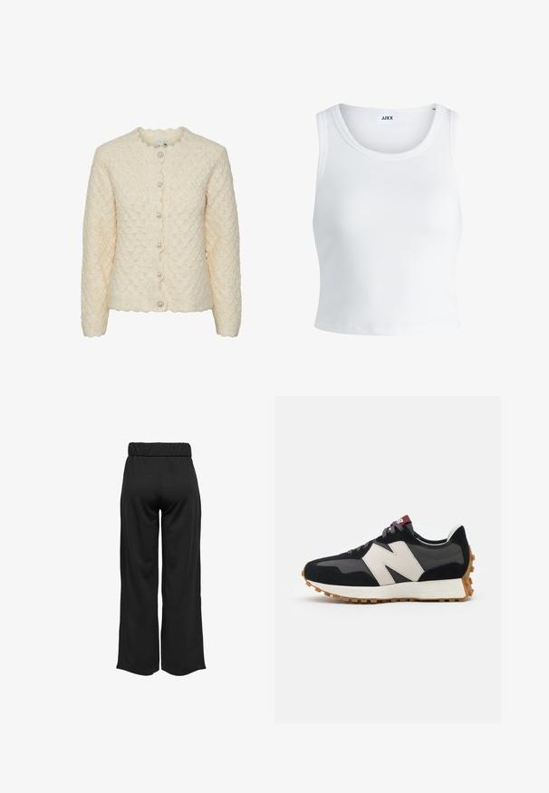 Dolga rokavica, kremna jopica z teksturiranim diamantom, čipkastim ovratnikom in petimi dekorativnimi bisernimi gumbi spredaj.; Bela rebrasta majica brez rokavov z okroglim izrezom in krajšo dolžino. Oznaka navaja "JJXX." Gladka tekstura tkanine.; Črne hlače širokega kroja z elastičnim pasom, izdelane iz gladkega materiala. Imajo preprost dizajn brez žepov ali vidnih šivov.; Črne in sive semiš športne copate z velikim kremnim logotipom "N", vijoličastimi vezalkami in teksturiranim gumijastim podplatom.